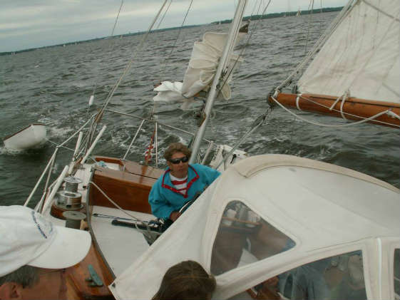 Virginia Albert is at the helm of Esperanza, a 1963 Hinckley B-40 during the 2013 Elf Classic.