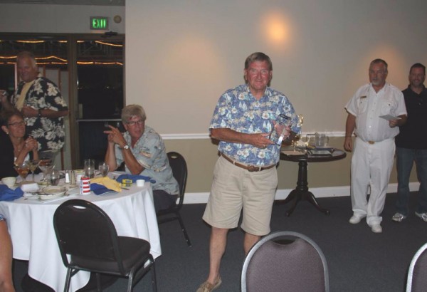 MYC Challenge Race, Spinnaker Fleet winner Mike Dodson, accepting award from MYC Commodore Paul Dolan. 