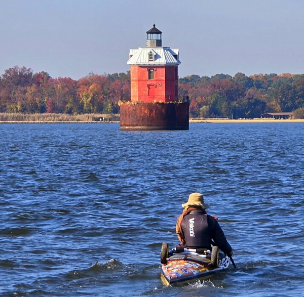 Great Loop paddler near Sandy Point Shoal Light